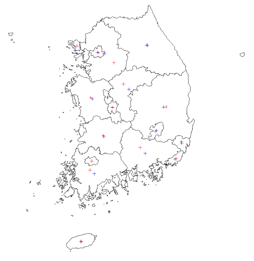 st_centroid와 st_point_on_surface의 위치 차이 비교 시각화