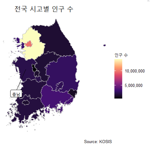 ggplot2 geom_sf 기반 대한민국 시도별 인구 단계구분도
