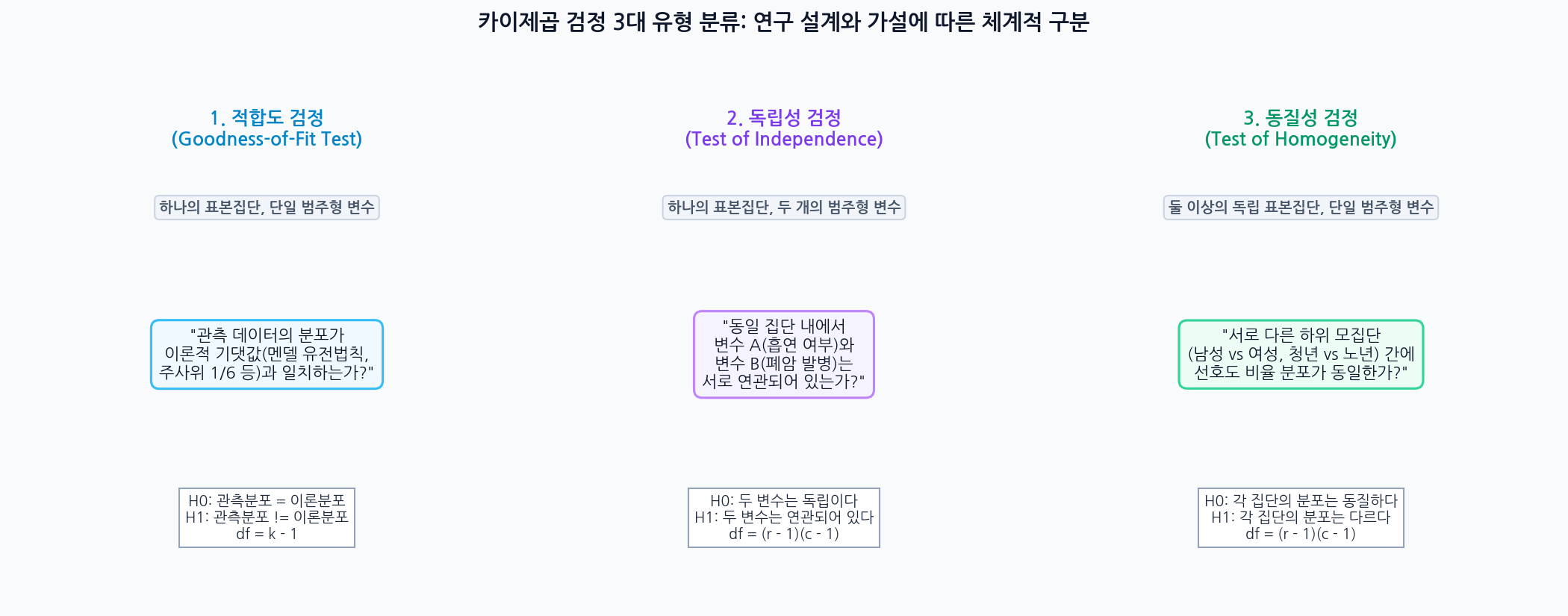카이제곱 검정 3대 유형 비교 인포그래픽