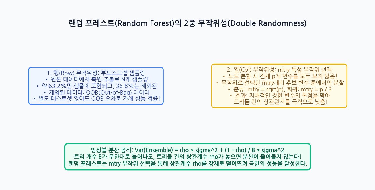 랜덤 포레스트의 2중 무작위성(부트스트랩 행 샘플링 + mtry 열 샘플링) 인포그래픽